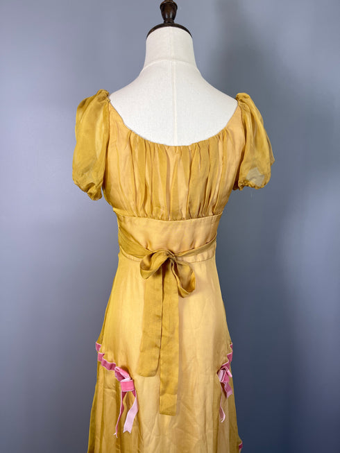 Vintage Yellow Regency Era Dress with Puff Sleeves and Pink Bows - Yellow Regency Era Dress Plus Size
